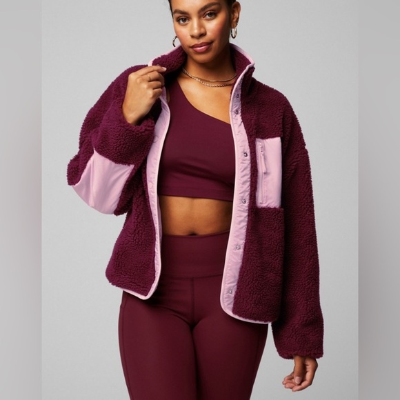 Fabletics Burgundy and Pink Tahoe Teddy Jacket NWT size medium - Picture 1 of 9